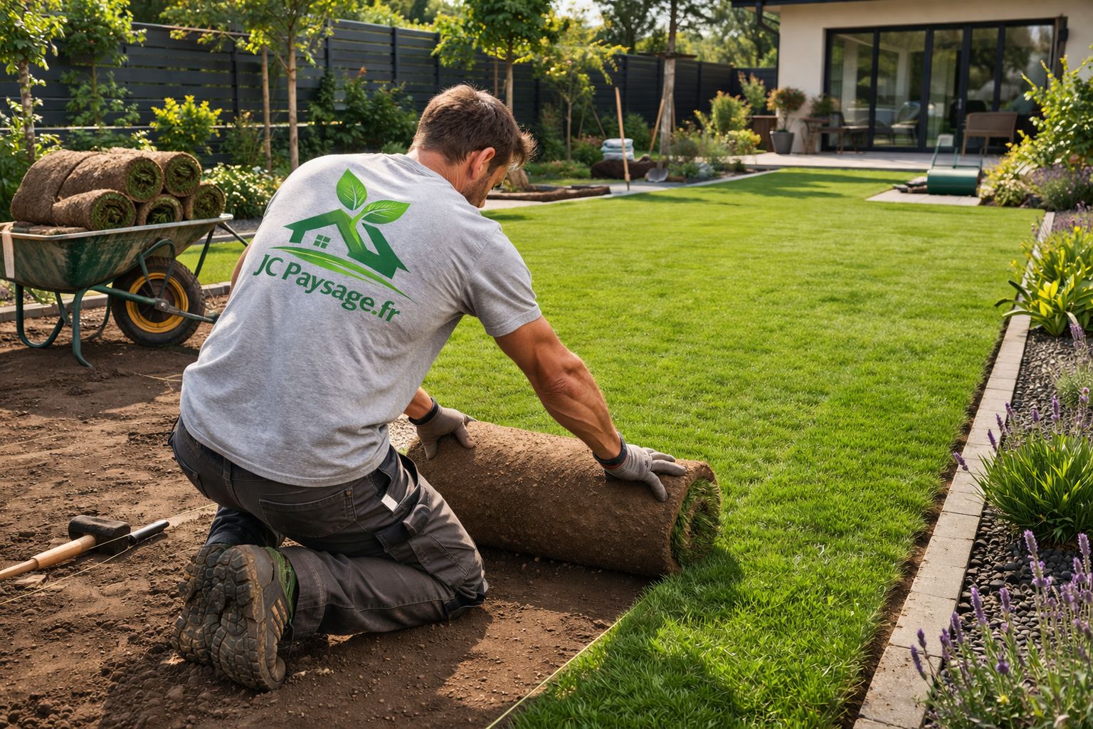 Pose de gazon en rouleau réalisée par JC Paysage
