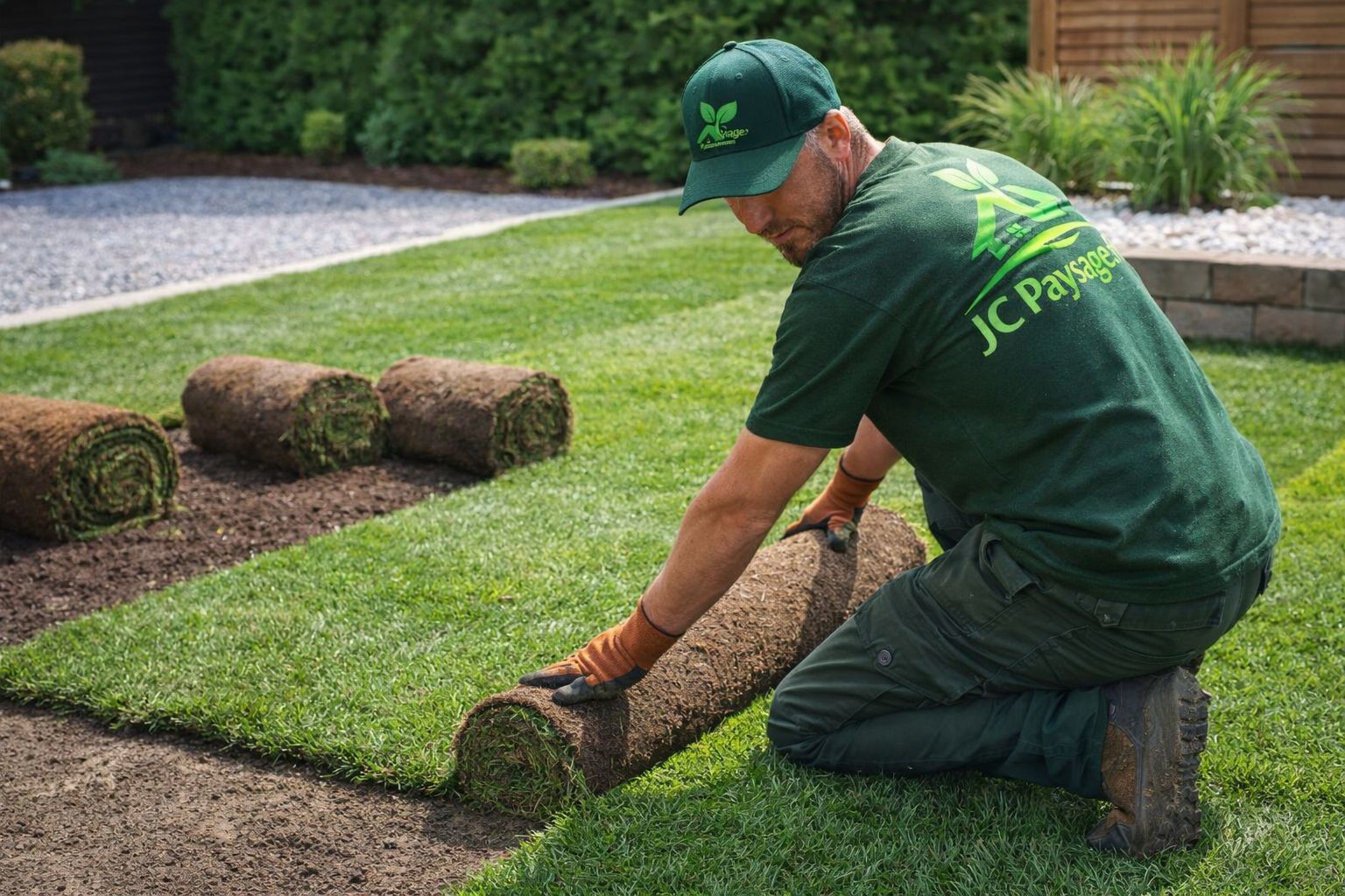 Pose de gazon en rouleau et aménagement extérieur JC Paysage